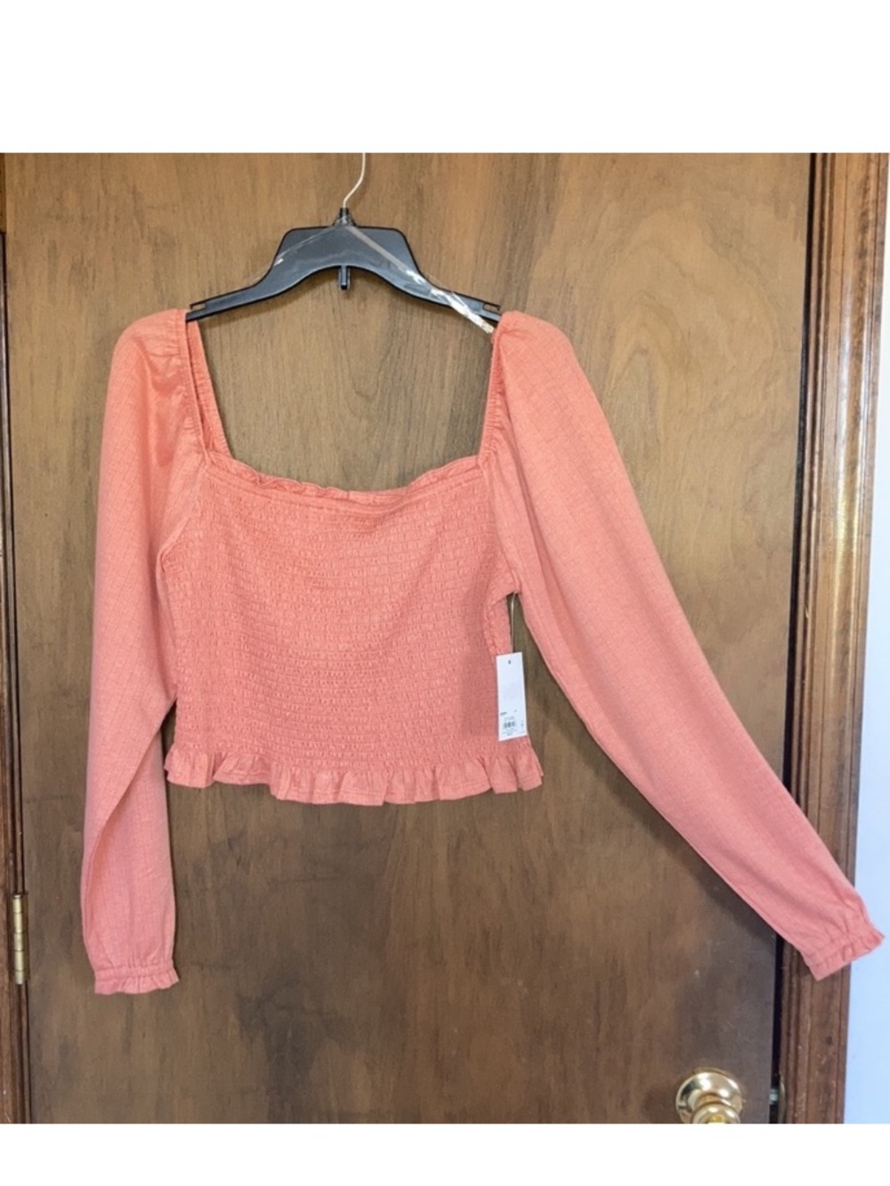 SO top blush crepe long sleeve smocked top boho cottagecore casual L jrs